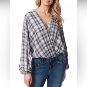 Jessica Simpson Arya Bodysuit S Shadow Plaid Gardenia Wrap Long Sleeve Layering